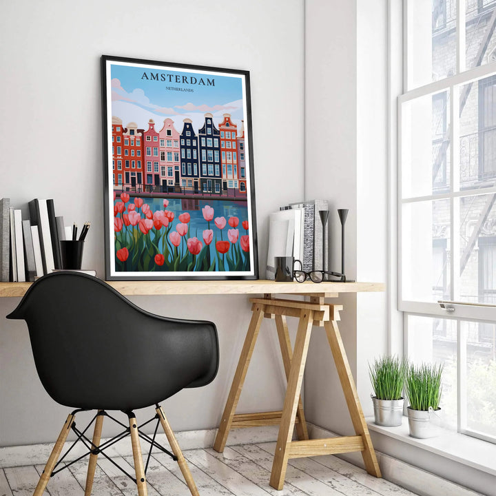 Modern Dutch canal houses poster featuring vibrant pink and coral tulips along the water in Amsterdam, presented by MapYourDreams as a high-quality unframed paper print, a durable gallery wrapped canvas, or a sleek custom framed art piece designed to elevate home office walls.
