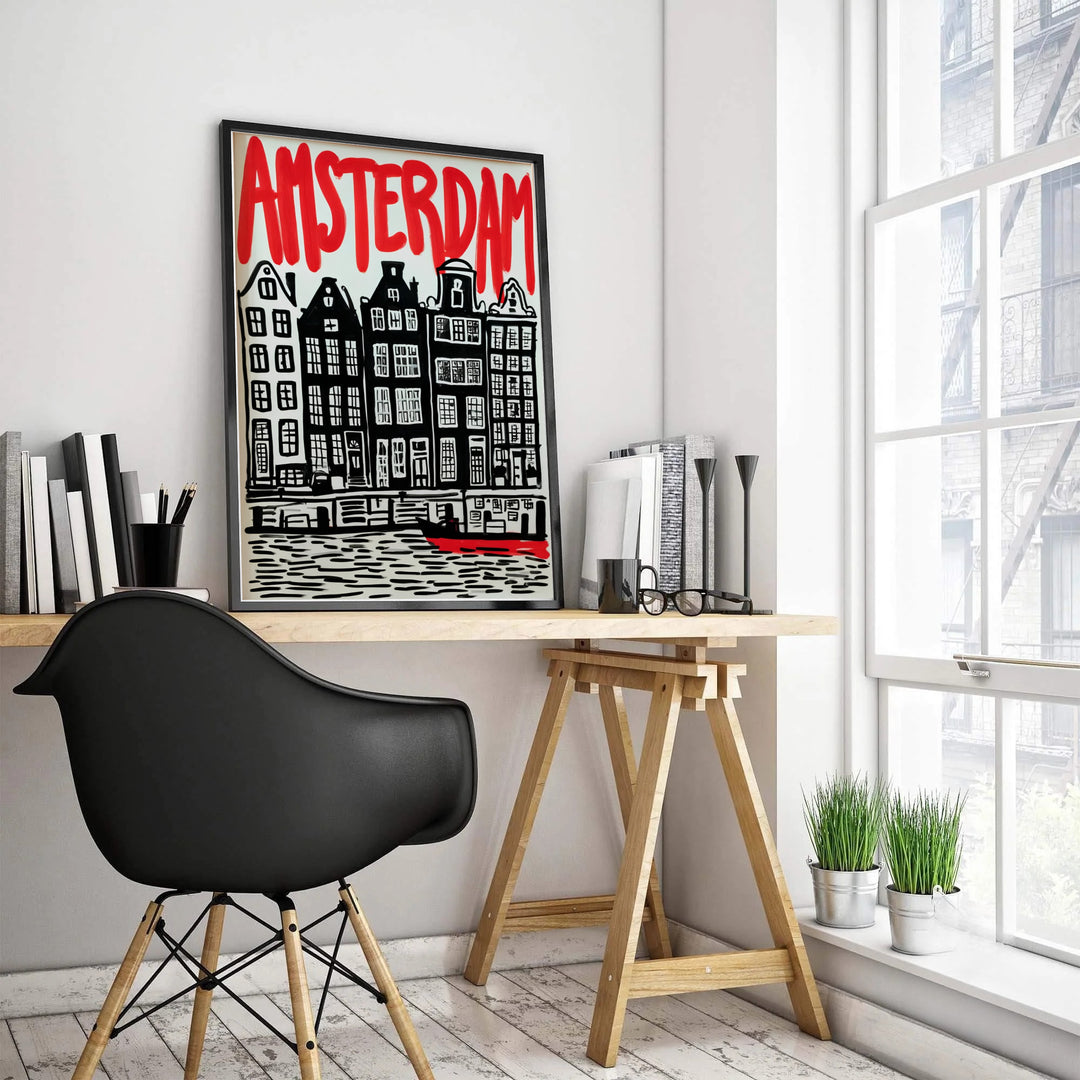 Contemporary European travel print showcasing black block-printed canal houses and vibrant red lettering in Amsterdam, offered by MapYourDreams as a standalone unframed art print, a ready-to-hang gallery canvas, or a custom framed wall display tailored for modern apartments.