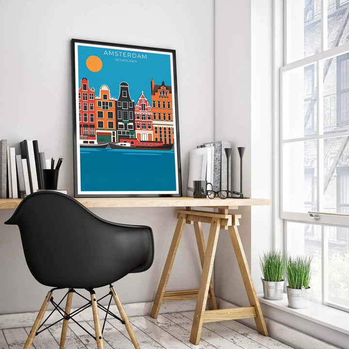Minimalist vector illustration poster depicting classic step-gable facades, houseboats, and a green bicycle in Amsterdam Netherlands, provided by MapYourDreams in flexible choices including unframed fine art paper, stretched canvas, or custom frames in black, white, wood, pure gold, and silver.