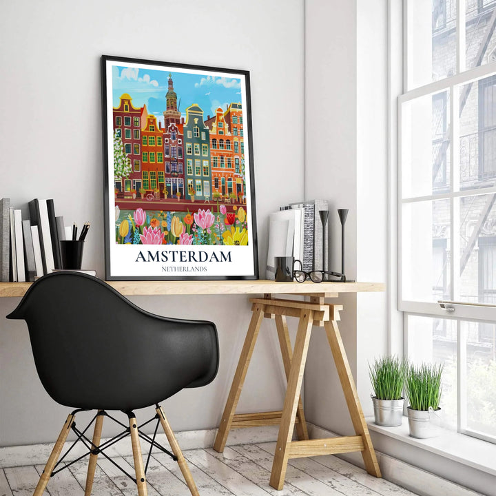 Detailed architectural cityscape print showcasing classic gabled facades, bicycles, and blooming spring tulips in Amsterdam Netherlands, provided by MapYourDreams in flexible formats including unframed fine art paper, gallery canvas, or custom framing options like black, white, and natural wood.