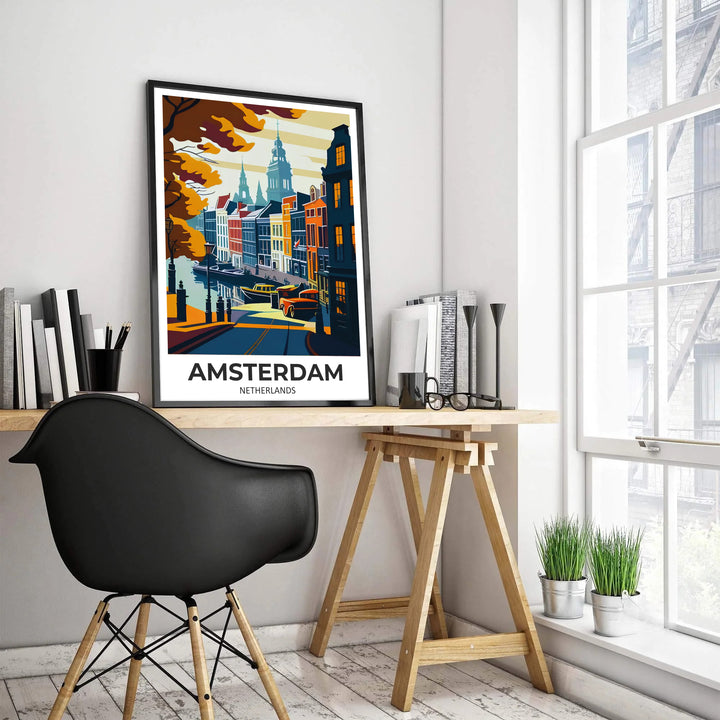 Dramatic autumn travel print displaying warm ochre, rust orange, and deep navy tones along an Amsterdam canal, presented by MapYourDreams where options include a high-quality unframed poster, a stretched gallery canvas, or a custom framed art piece designed to bring warmth to dining room walls.
