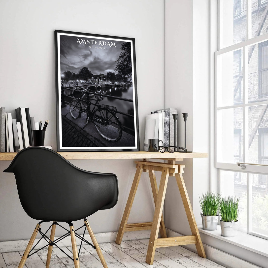 Atmospheric European travel print displaying dramatic night skies and a quiet canal bridge in Amsterdam, presented by MapYourDreams where options include a high-quality unframed poster, a stretched gallery canvas, or a custom framed art piece made to bring moody elegance to office walls.