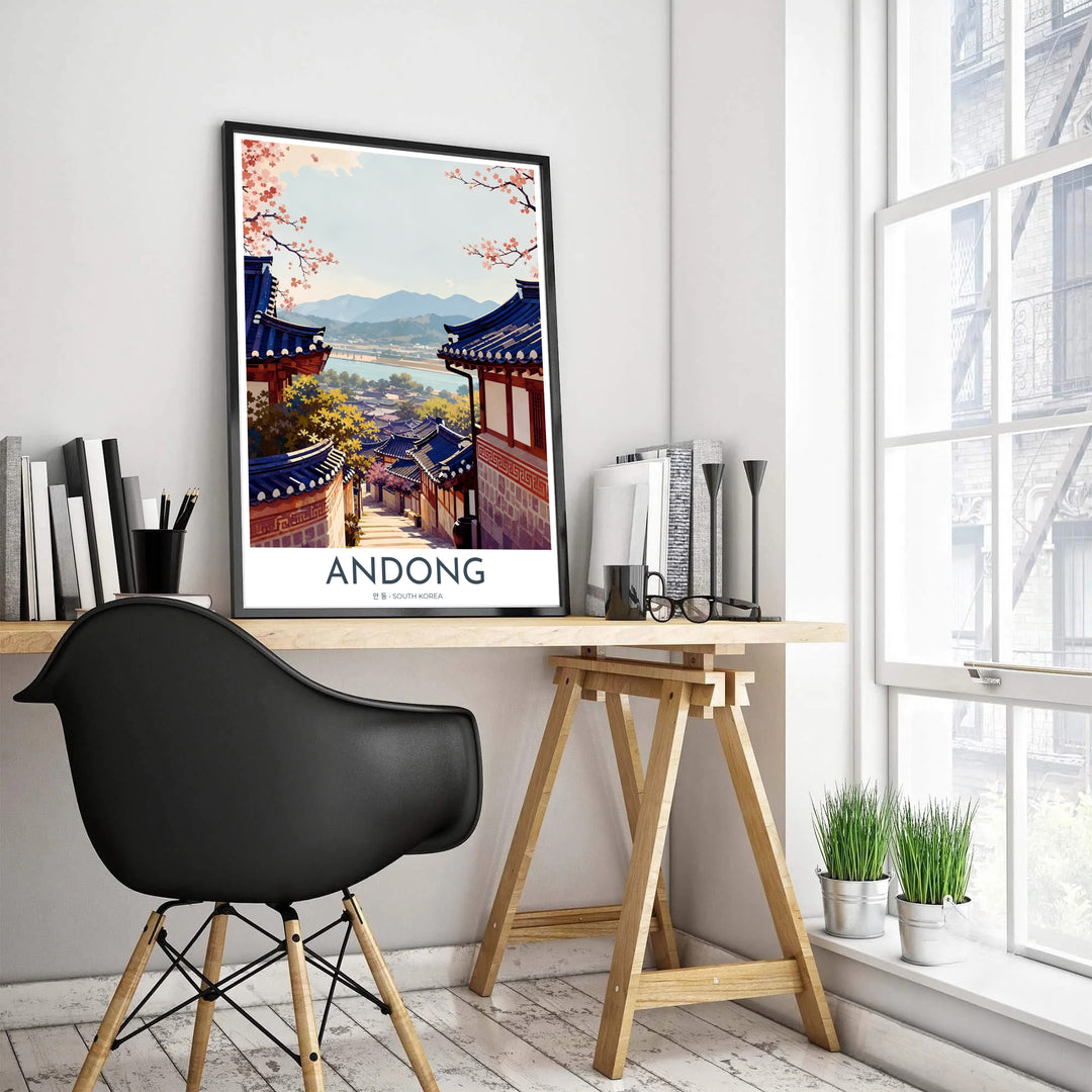 Minimalist East Asian vector wall print capturing the spring atmosphere of Hahoe Folk Village in Andong, South Korea, with delicate cherry blossoms and surrounding hills. Offered by MapYourDreams, this artwork is available in flexible options including unframed paper, custom wooden frames, and gallery canvas wraps.