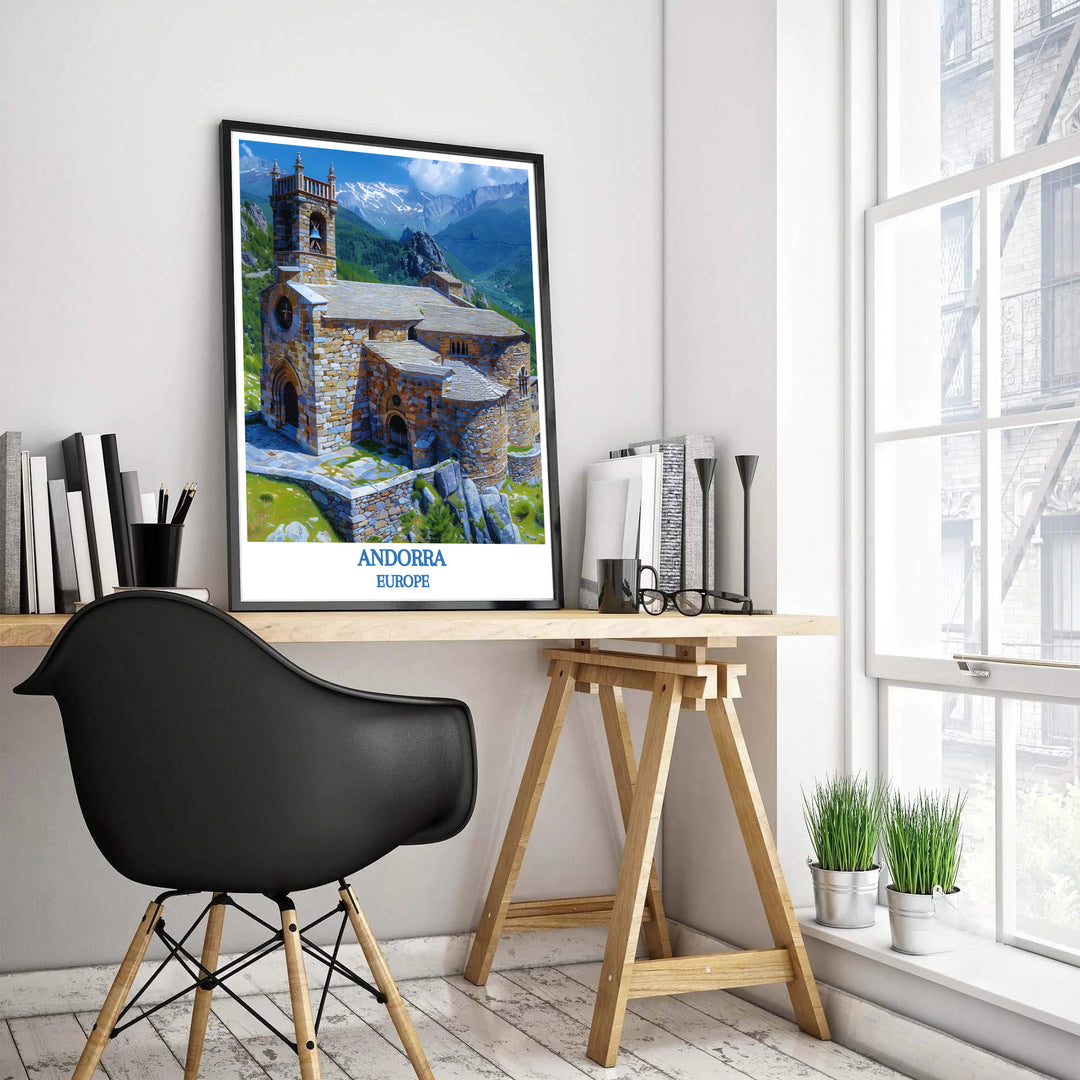 Bring alpine European charm home with this rustic stone and mountain-themed Sant Joan de Caselles Church Andorra travel poster layout. MapYourDreams offers custom framed, unframed, and canvas print options.