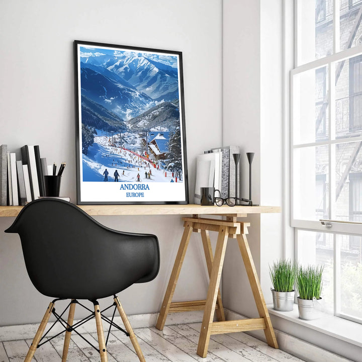 Bring winter mountain adventure home with this artistic Vallnord Ski Resort Andorra travel poster layout. MapYourDreams features professional framed, unframed, and canvas print styles for wall decor.