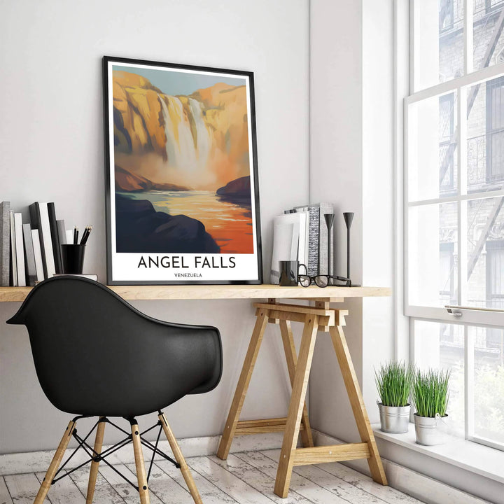 Glowing amber waterfall print produced on 220gsm acid-free Epson professional matte paper with archival ultra-chrome inks. Offered in the MapYourDreams store, this artwork suits any room setup in unframed paper, real wood frames, or canvas wrap styles.