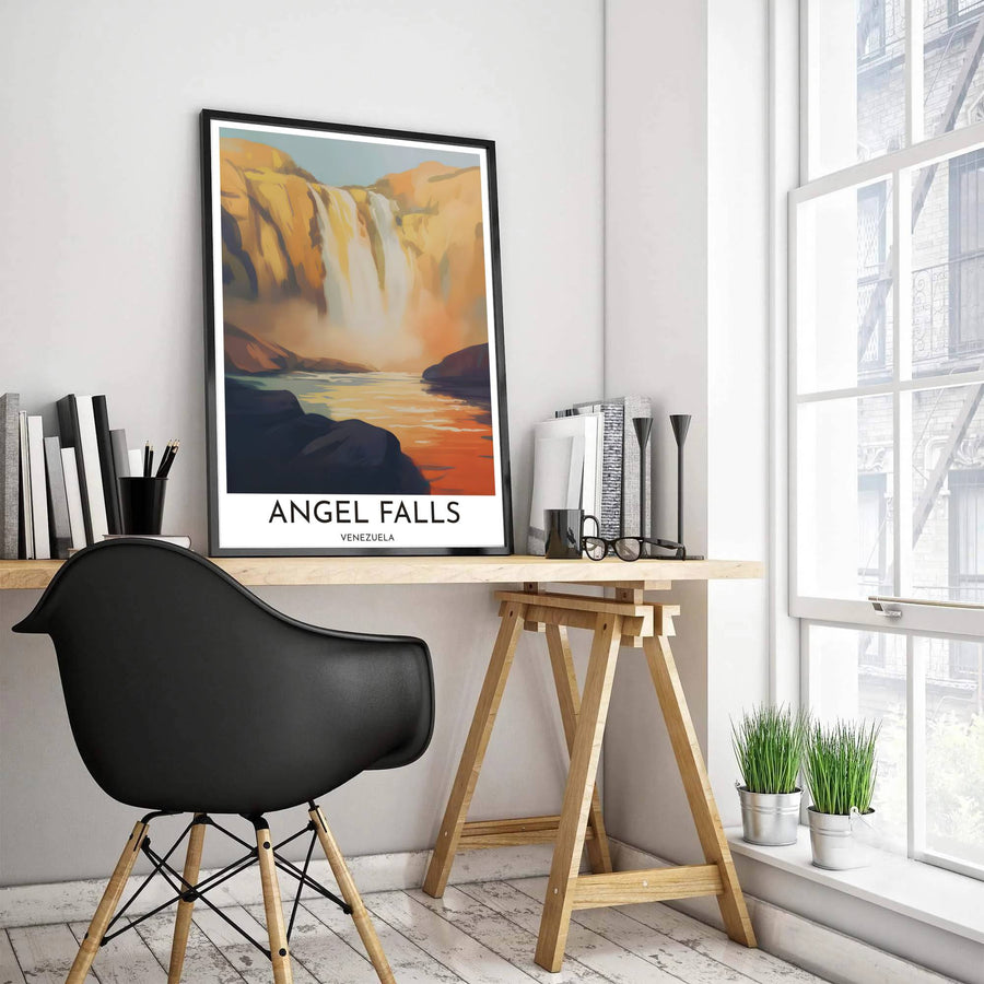 Glowing amber waterfall print produced on 220gsm acid-free Epson professional matte paper with archival ultra-chrome inks. Offered in the MapYourDreams store, this artwork suits any room setup in unframed paper, real wood frames, or canvas wrap styles.