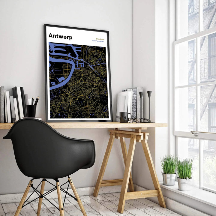 An elegant city map poster depicting the winding Scheldt riverfront and urban avenues of Antwerp, Belgium through crisp geometric linework. This design is offered in flexible display styles such as unframed fine art paper, custom framed finishes, and gallery canvas wall decor.