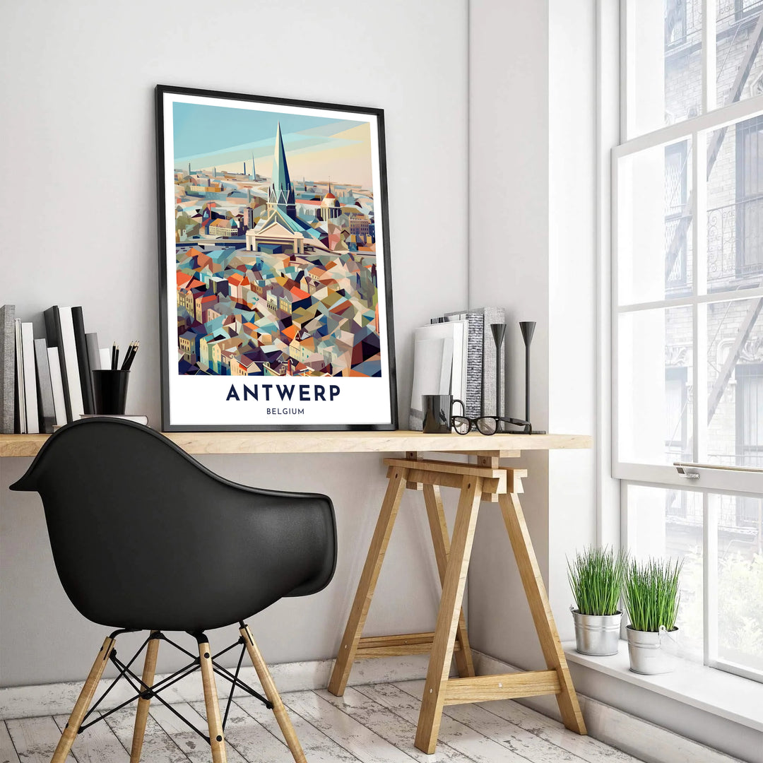 An Antwerp Belgium travel poster showcasing a stylized geometric skyline filled with terracotta, slate, and pastel yellow architectural facets. Tailored display selections include unframed fine art paper, custom frames in various wood and metallic finishes, and stretched canvas art.