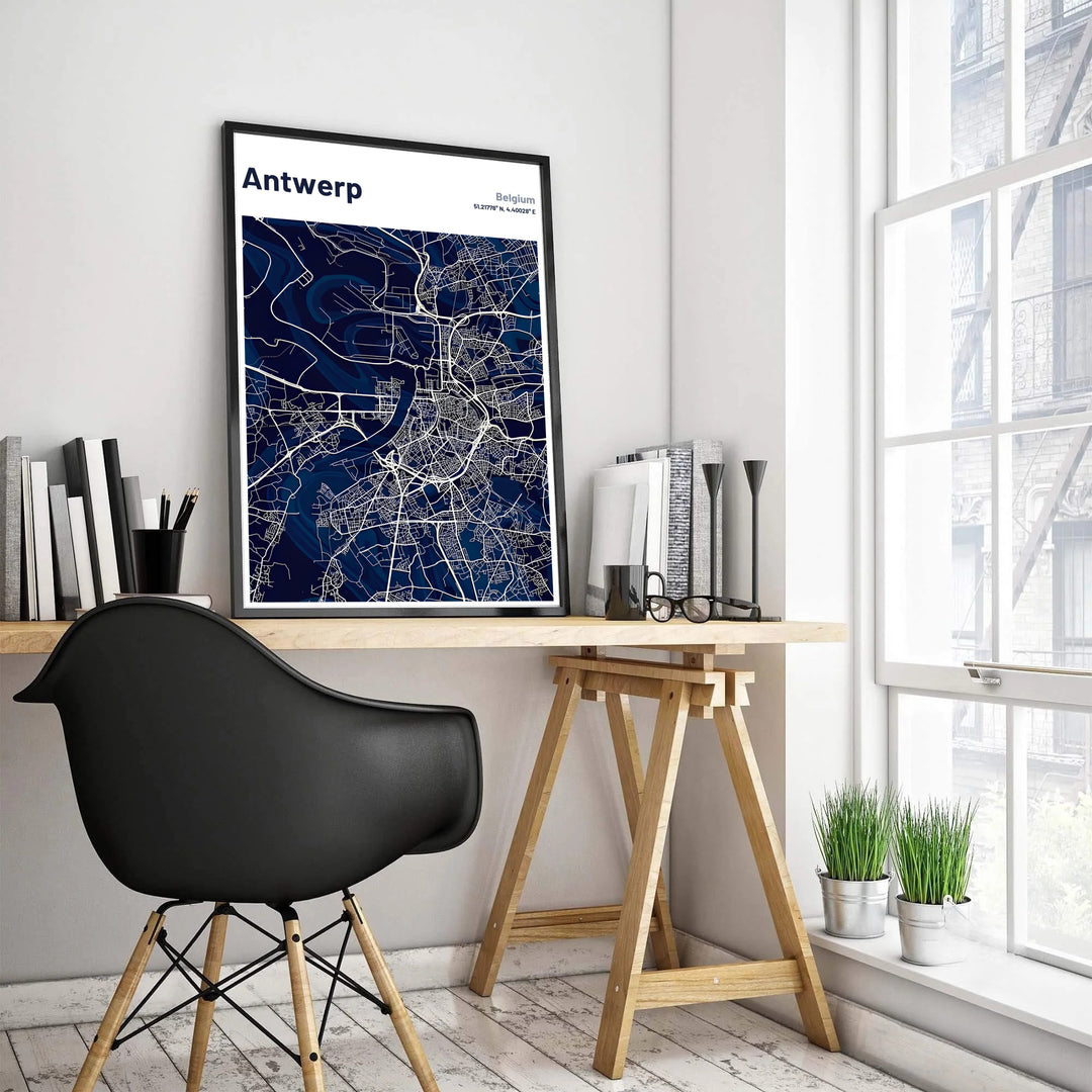 An elegant travel poster featuring the street layout and river geography of Antwerp, Belgium, printed in deep blue and white hues. Customers can choose from several presentation options including unframed fine art paper, custom wood and metal frames, and gallery wrapped canvas wall decor.