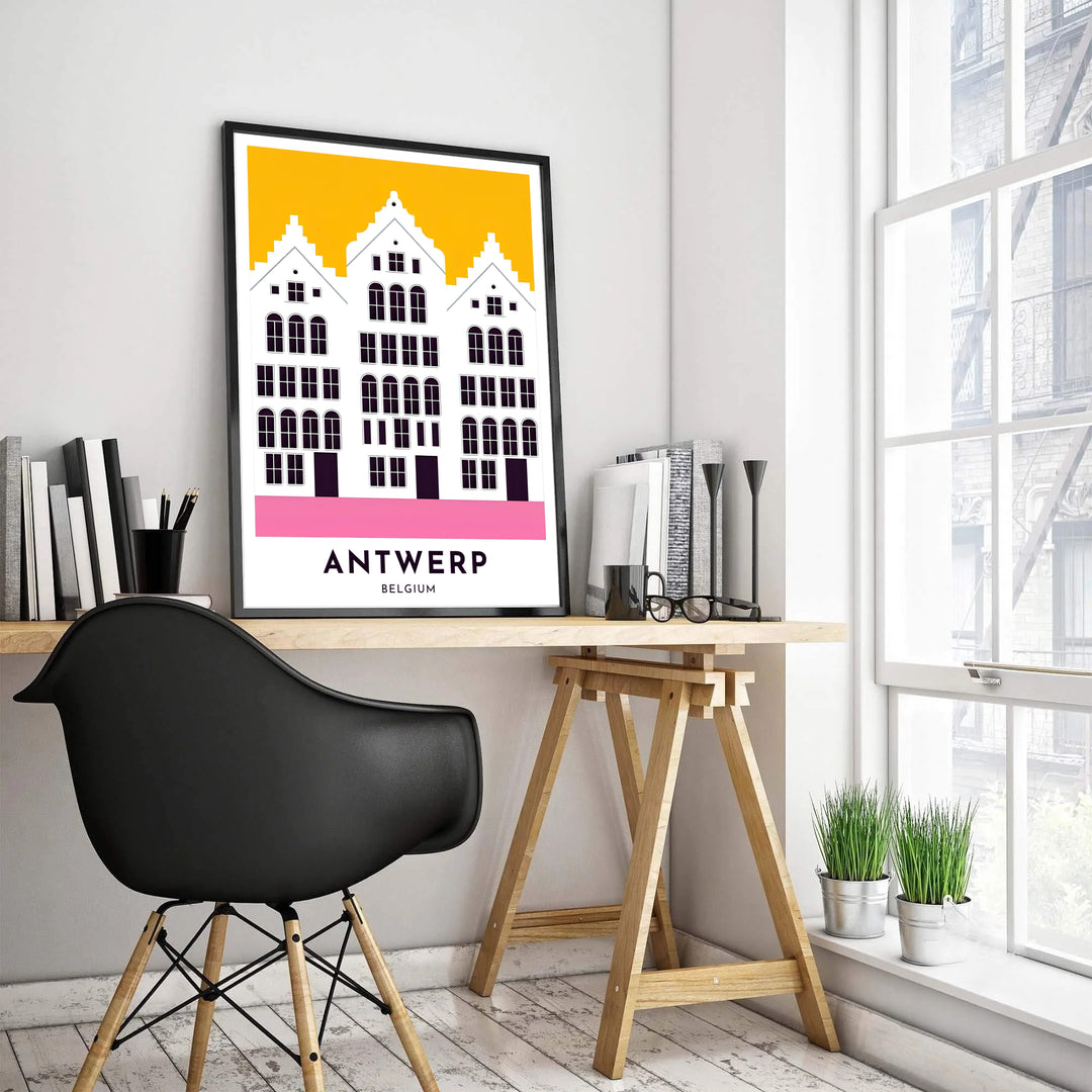 A colorful travel poster showcasing Flemish Renaissance townhouses in Antwerp, Belgium, designed in a clean vector graphic style with vibrant primary accents. Customers can choose from several presentation options including unframed fine art paper, custom wood and metal frames, and gallery wrapped canvas wall decor.