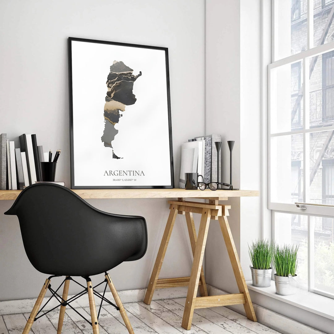 Black and gold Argentina abstract country print featuring high-contrast marble fluid graphics inside the geographical border. Offered by MapYourDreams, this artwork is available in flexible options including unframed paper, custom wooden frames, and gallery canvas wraps for sophisticated home decor.