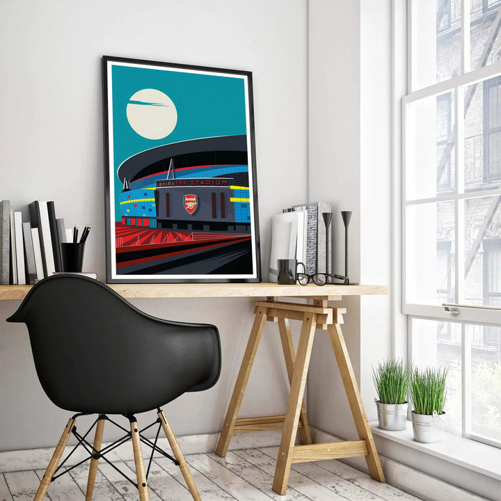 Graphic vector stadium illustration displaying the exterior structure of Emirates Stadium with the central red crest and teal evening sky. Upgrade your wall decor with options ranging from unframed archival paper prints to sturdy custom wood frames and textured gallery canvas setups.