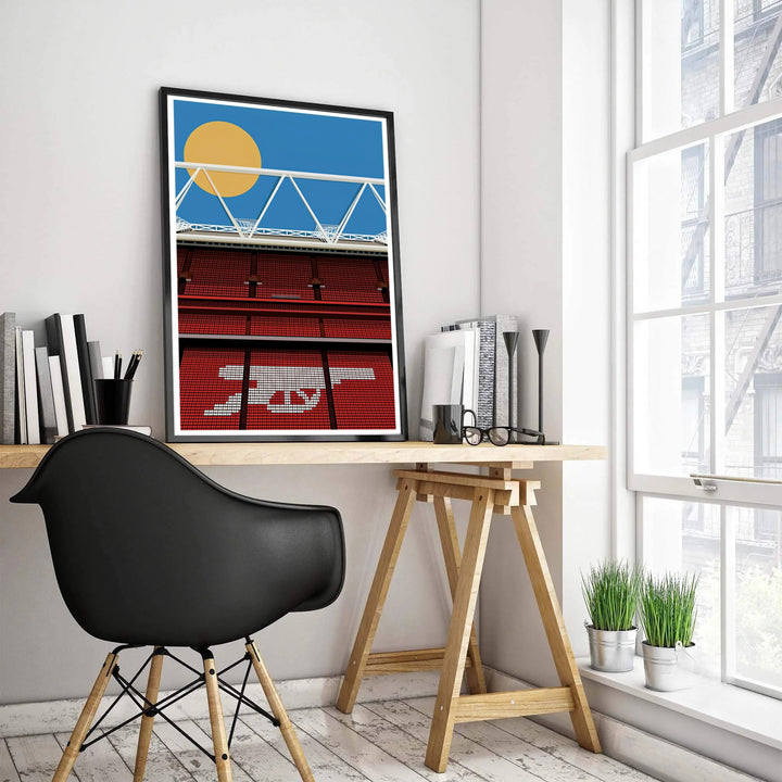 Vibrant red and blue architectural print showcasing the interior seat arrangement and white structural trusses of Emirates Stadium in North London. Created by MapYourDreams, this landmark print is offered as an unframed fine art paper print, custom wooden framed setup, or floating canvas wall display.
