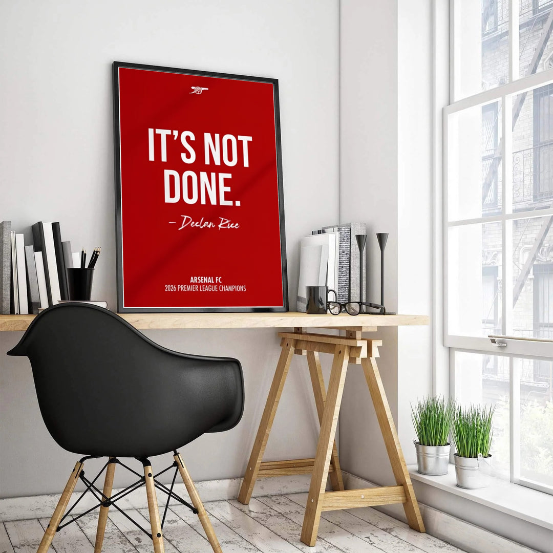 High contrast Arsenal FC 2026 victory quote print displaying the cannon emblem and Declan Rice statement at Emirates Stadium, available as unframed prints, framed wall art, or canvas decor options.