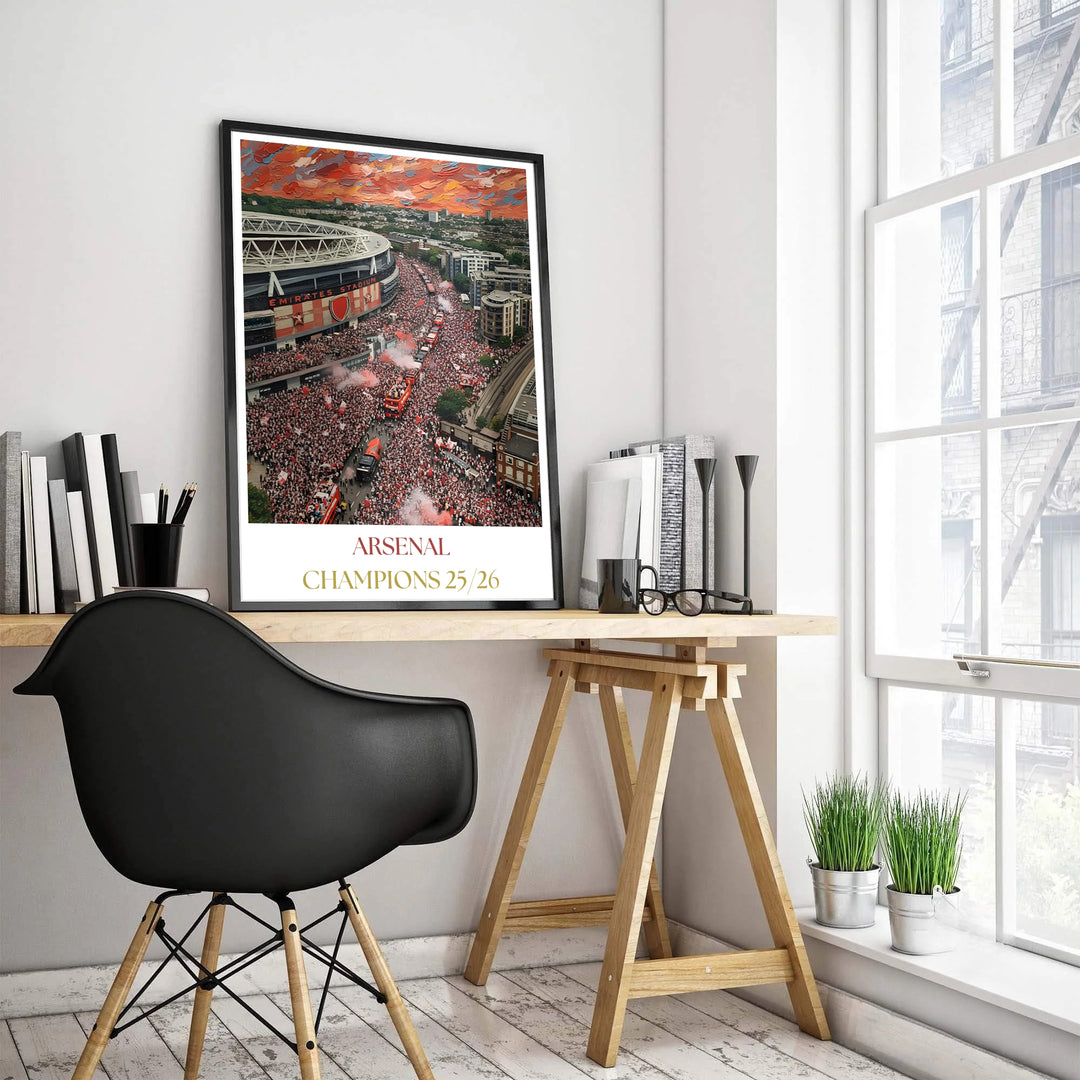 Dramatic red and orange sunset cityscape oil painting poster showing Emirates Stadium in North London, available as unframed prints, framed options, or canvas for modern home office wall decor setups.