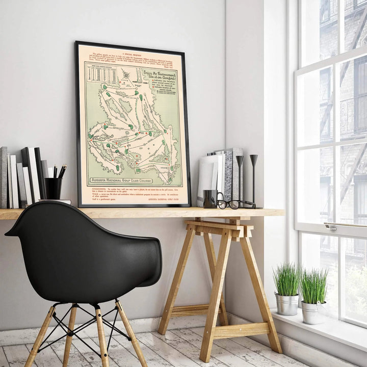 Detailed 1954 Augusta Georgia sports map poster illustrating course layout schematics and spectator etiquette guidelines. Offered by MapYourDreams, this artwork is available in flexible options including unframed paper, custom wooden frames, and gallery canvas wraps for tailored home wall decor setups.