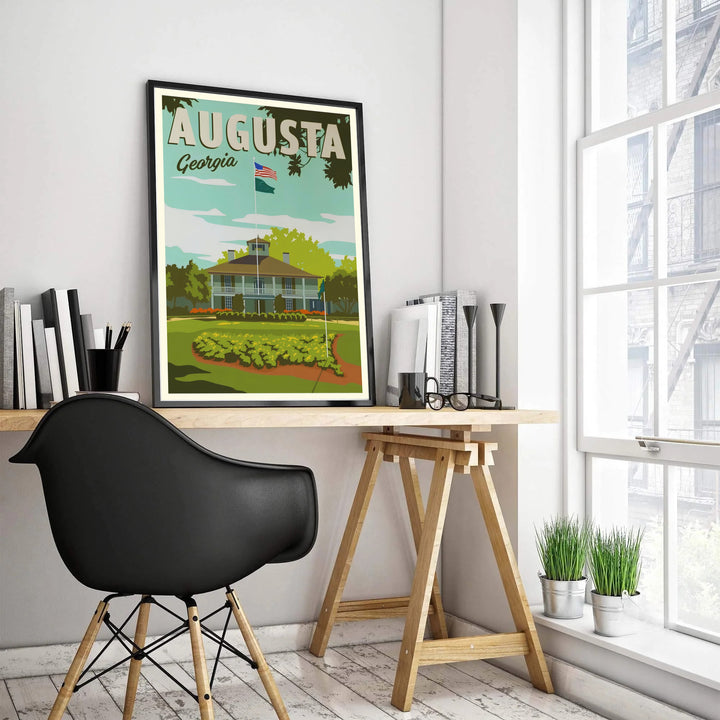 Mid-century Augusta Georgia sports print showcasing the double-tier plantation clubhouse with oak tree silhouettes. Offered by MapYourDreams, this artwork is available in flexible options including unframed paper, custom wooden frames, and gallery canvas wraps for tailored home wall decor setups.