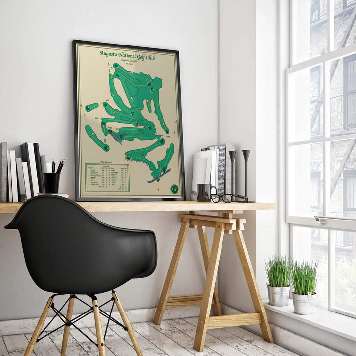 Green and beige Augusta Georgia golf map print with classic double-line border and elegant top typography. Offered by MapYourDreams, this artwork is available in flexible options including unframed paper, custom wooden frames, and gallery canvas wraps for tailored home wall decor setups.