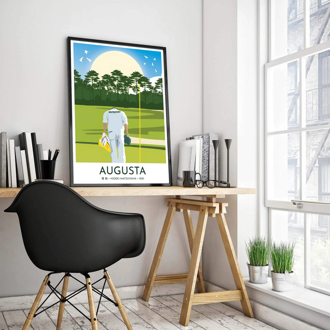 Minimalist golf decor poster of Augusta Georgia with clean white text, Japanese kanji character for respect, and a serene green fairways backdrop. Offered by MapYourDreams, this artwork is available in flexible options including unframed paper, custom wooden frames, and gallery canvas wraps for tailored home wall decor setups.