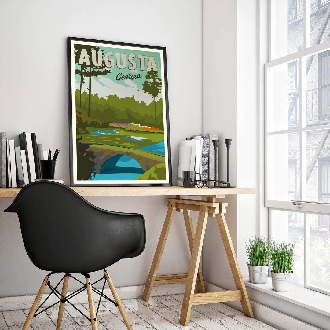 Scenic Augusta Georgia travel poster displaying classic typography, towering pine trees, and the iconic Hogan Bridge over Rae&