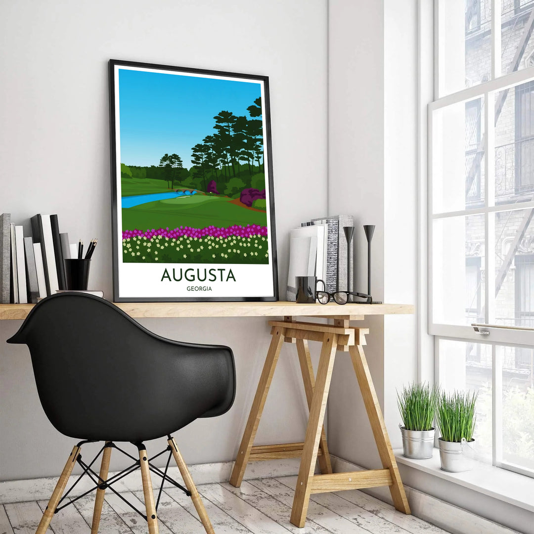 Flat design golf decor poster of Augusta Georgia showing clean geometric shapes of pine groves, white sand traps, stone bridges, and floral banks. Offered by MapYourDreams, this artwork is available in flexible options including unframed paper, custom wooden frames, and gallery canvas wraps for tailored home wall decor setups.