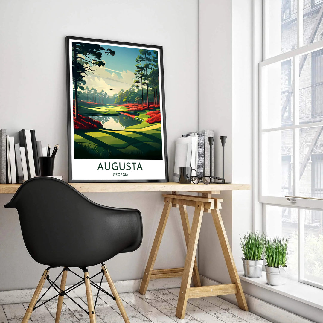 Retro travel poster style golf decor of Augusta Georgia showing clean typography reading Augusta Georgia below a tranquil water hazard scene. Offered by MapYourDreams, this artwork is available in flexible options including unframed paper, custom wooden frames, and gallery canvas wraps for tailored home wall decor setups.