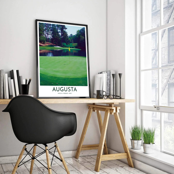 Fine art photographic golf decor of Augusta Georgia showing clean bottom border typography reading AUGUSTA HOLE 16 REDBUD PAR 3. Offered by MapYourDreams, this artwork is available in flexible options including unframed paper, custom wooden frames, and gallery canvas wraps for tailored home wall decor setups.