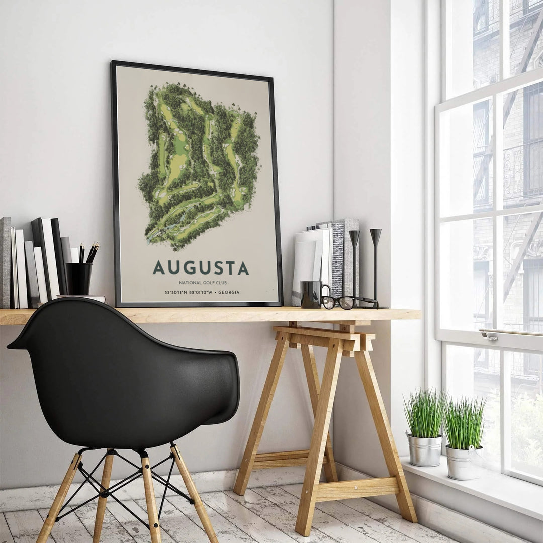 Executive golf office decor print featuring text reading AUGUSTA NATIONAL GOLF CLUB with geographic coordinates 33°30&