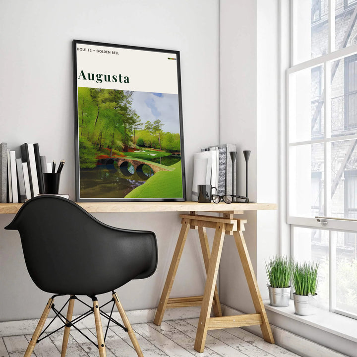 Fine art magazine style golf decor of Augusta Georgia featuring top header text reading HOLE 12 GOLDEN BELL with prominent serif header typography. Offered by MapYourDreams, this artwork is available in flexible options including unframed paper, custom wooden frames, and gallery canvas wraps for tailored home wall decor setups.