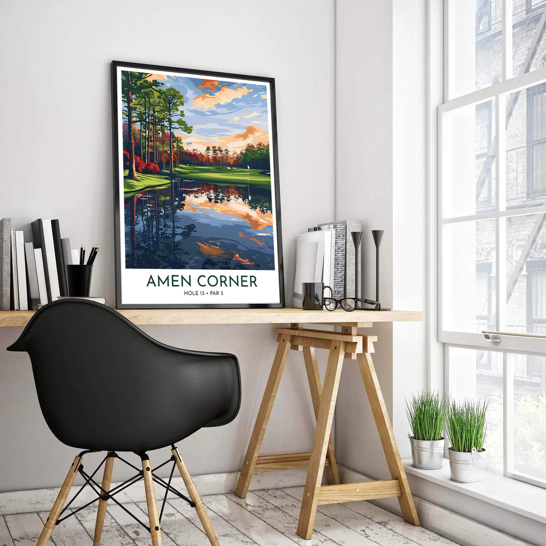 Modern vintage travel poster style golf decor featuring a clean white bottom border reading AMEN CORNER HOLE 13 PAR 5 in dark modern typography. Offered by MapYourDreams, this artwork is available in flexible options including unframed paper, custom wooden frames, and gallery canvas wraps for tailored home wall decor setups.