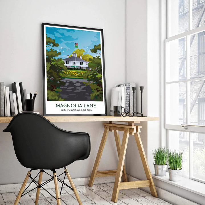 Retro vintage travel poster style golf decor featuring a clean white bottom border block reading MAGNOLIA LANE AUGUSTA NATIONAL GOLF CLUB in dark modern typography. Offered by MapYourDreams, this artwork is available in flexible options including unframed paper, custom wooden frames, and gallery canvas wraps for tailored home wall decor setups.