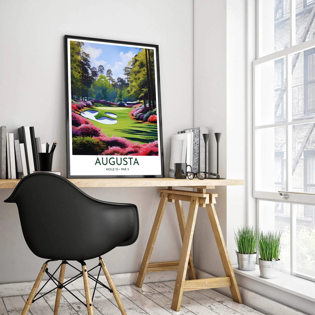 Retro vintage travel poster style golf decor featuring a clean white bottom border panel reading AUGUSTA HOLE 12 PAR 3 in dark modern typography. Offered by MapYourDreams, this artwork is available in flexible options including unframed paper, custom wooden frames, and gallery canvas wraps for tailored home wall decor setups.