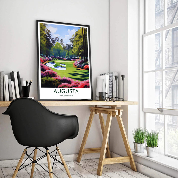 Retro vintage travel poster style golf decor featuring a clean white bottom border panel reading AUGUSTA HOLE 12 PAR 3 in dark modern typography. Offered by MapYourDreams, this artwork is available in flexible options including unframed paper, custom wooden frames, and gallery canvas wraps for tailored home wall decor setups.
