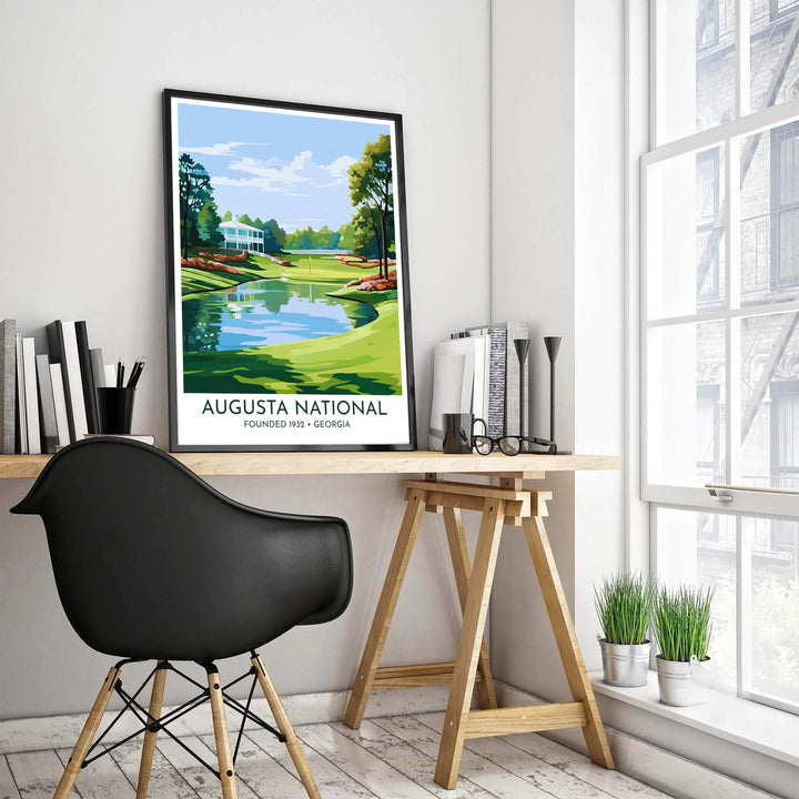 Contemporary retro style golf print showing the iconic white plantation clubhouse at Augusta National framed by tall southern pines and lush azalea embankments. Offered by MapYourDreams, this artwork is available in flexible options including unframed paper, custom wooden frames, and gallery canvas wraps.