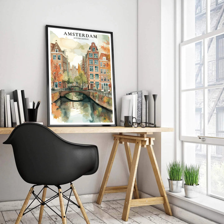 Cozy autumn travel art print featuring bicycles parked along an Amsterdam stone canal bridge amidst fall trees, offered by MapYourDreams where options include a high-quality unframed poster, stretched gallery canvas, or a custom framed art piece for bedroom wall gallery layouts.