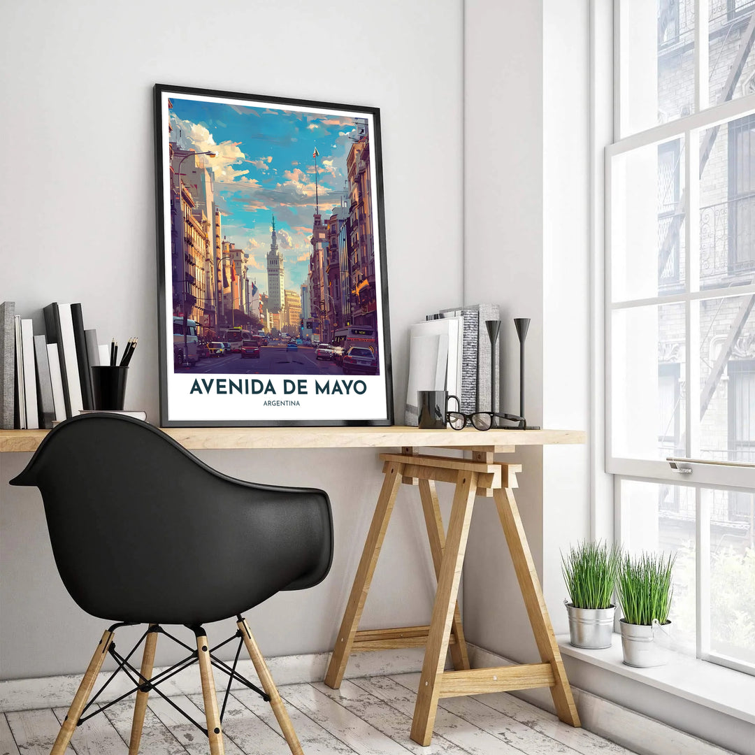 Vintage style travel print depicting Avenida de Mayo in Buenos Aires with painterly brushwork and classic city street elements. Created by MapYourDreams, customers can select from unmounted paper stock, protective wooden frames, or gallery wrapped canvas displays.