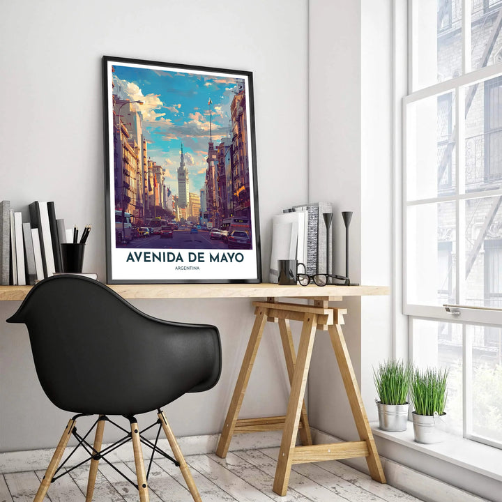 Vintage style travel print depicting Avenida de Mayo in Buenos Aires with painterly brushwork and classic city street elements. Created by MapYourDreams, customers can select from unmounted paper stock, protective wooden frames, or gallery wrapped canvas displays.