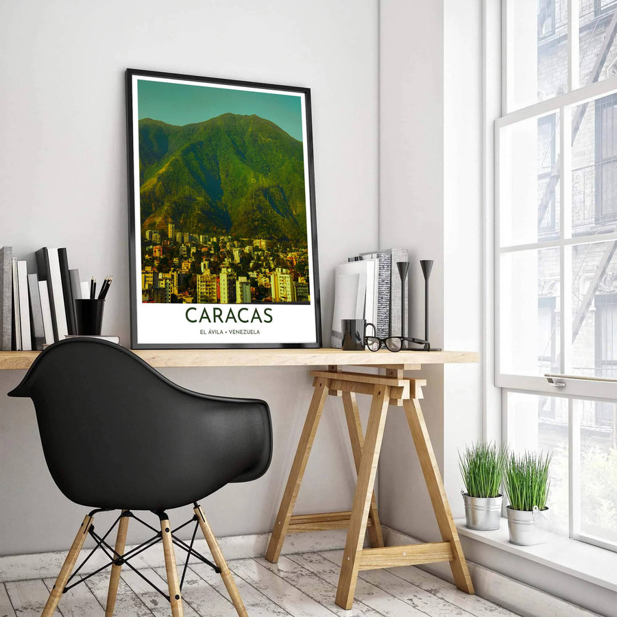 South American mountain cityscape poster depicting golden architectural buildings and rich green forest textures in Venezuela. Created by MapYourDreams, this artwork is adaptable for any interior in unframed prints, solid wooden frames, or gallery canvas wraps.