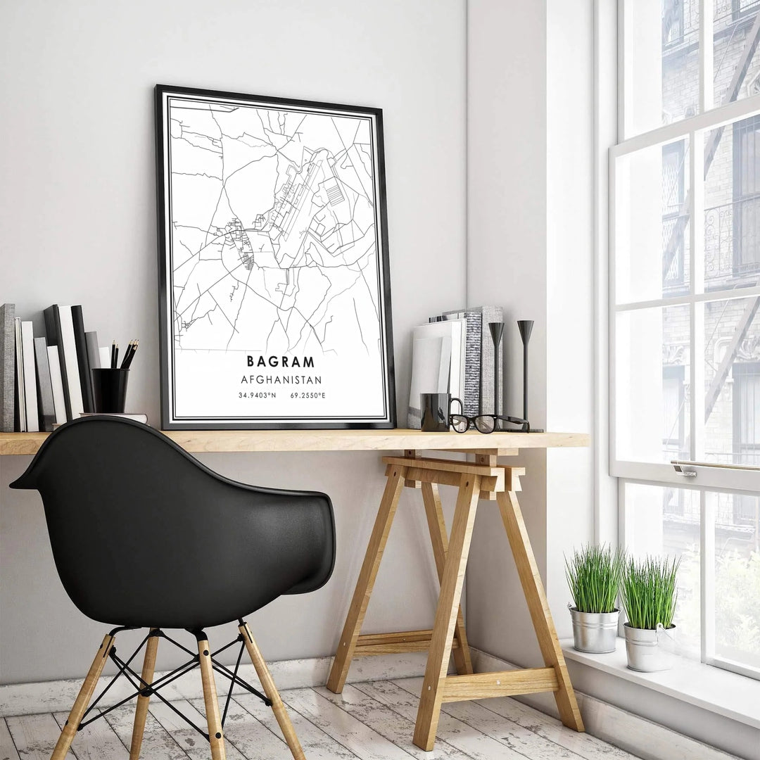 High contrast black and white vector map poster of Bagram city and airfield infrastructure in Parwan province Afghanistan, presented by MapYourDreams with selection options for an unframed paper print, museum canvas wall decor, or framed poster in grey, bronze, and gold frame options.