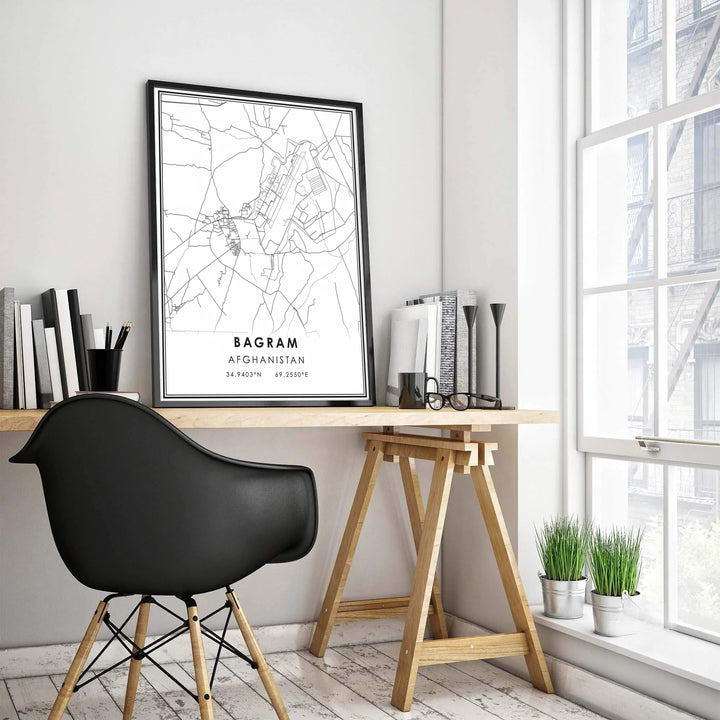 High contrast black and white vector map poster of Bagram city and airfield infrastructure in Parwan province Afghanistan, presented by MapYourDreams with selection options for an unframed paper print, museum canvas wall decor, or framed poster in grey, bronze, and gold frame options.