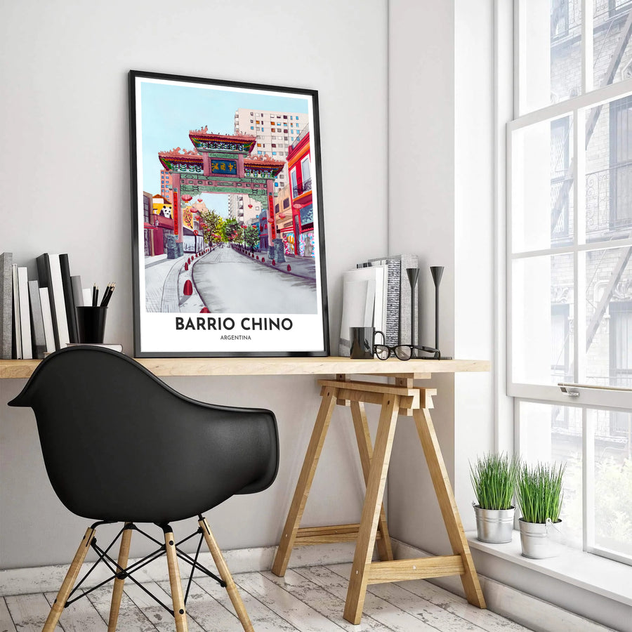 Architectural watercolor cityscape print of Belgrano Chinatown featuring jade green and red painted details on a multi-tiered archway. Created by MapYourDreams, this artwork is adaptable for any interior in unframed prints, solid wooden frames, or gallery wrapped canvas.