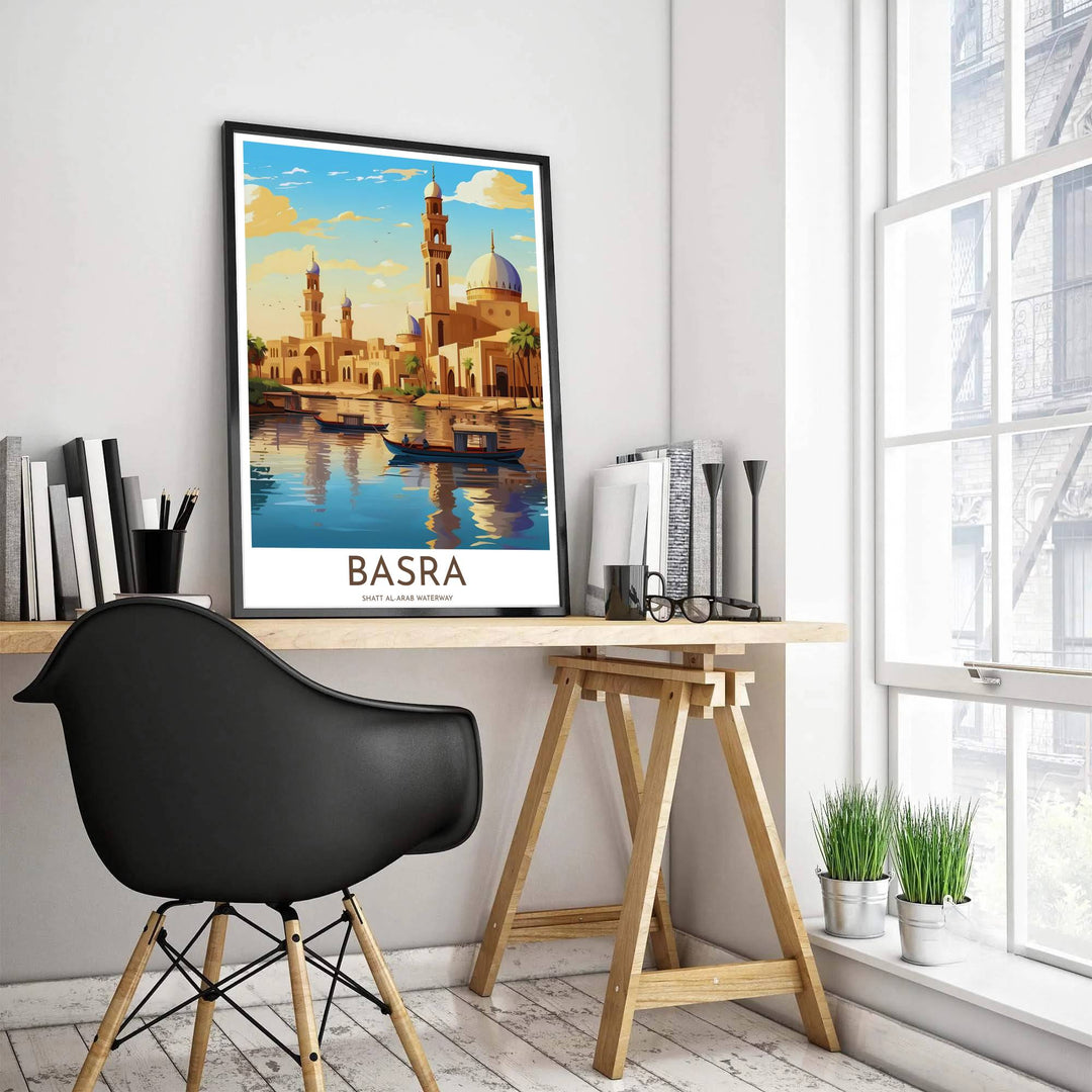Middle Eastern travel art print depicting Basra Iraq riverboats and historic Islamic architecture bathed in warm sunset hues. Produced by MapYourDreams, this artwork is available in flexible options including unframed paper, custom wooden frames, and gallery canvas wraps for office wall decor.