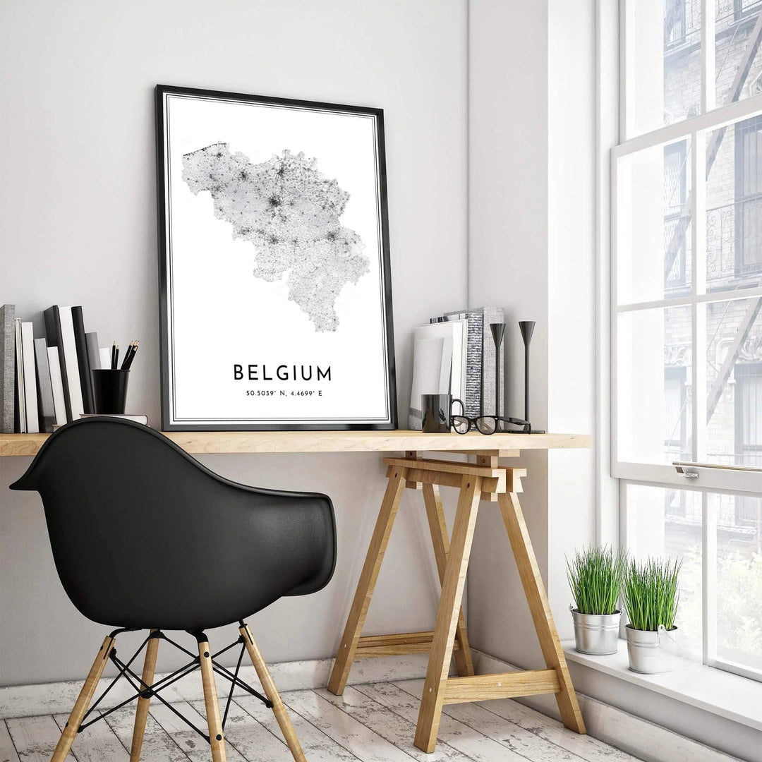 An elegant black and white travel poster highlighting the entire highway grid of Belgium, rendered in clean minimal cartography. Customers can choose from several presentation options including unframed fine art paper, custom wood and metal frames, and gallery wrapped canvas wall decor.