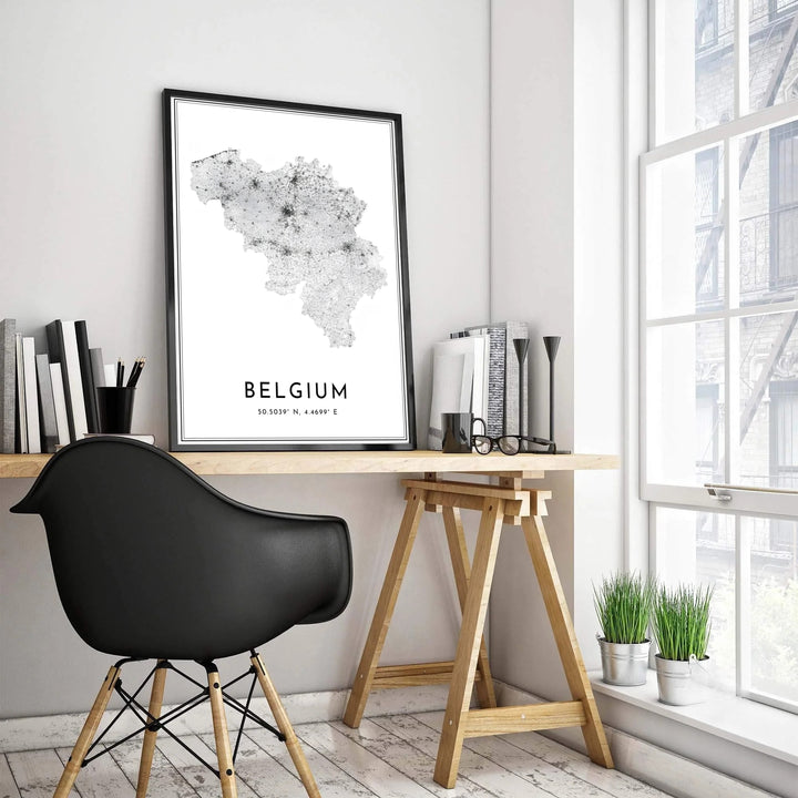 An elegant black and white travel poster highlighting the entire highway grid of Belgium, rendered in clean minimal cartography. Customers can choose from several presentation options including unframed fine art paper, custom wood and metal frames, and gallery wrapped canvas wall decor.