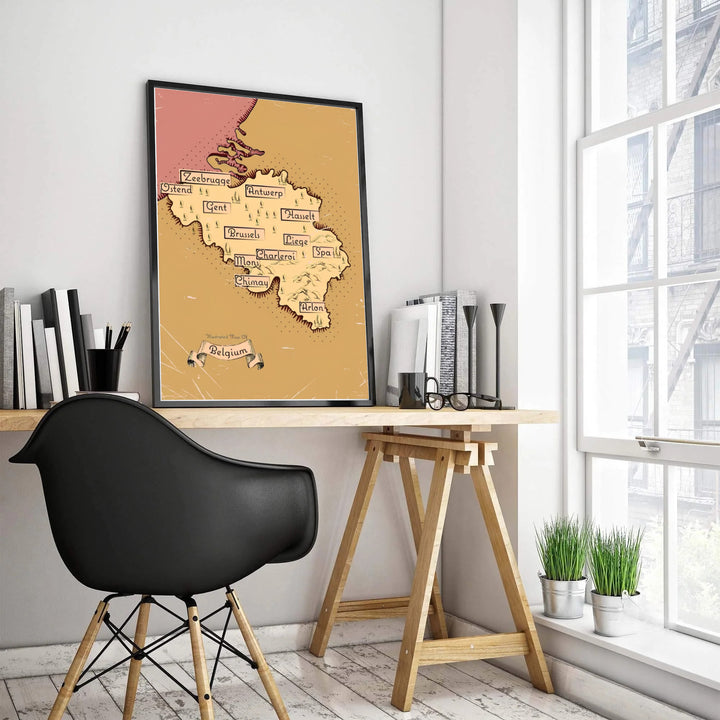 An elegant retro travel poster featuring a hand-drawn illustrated map of Belgium, complete with vintage banner typography and classic region markers. Customers can choose from several presentation options including unframed fine art paper, custom wood and metal frames, and gallery wrapped canvas wall decor.
