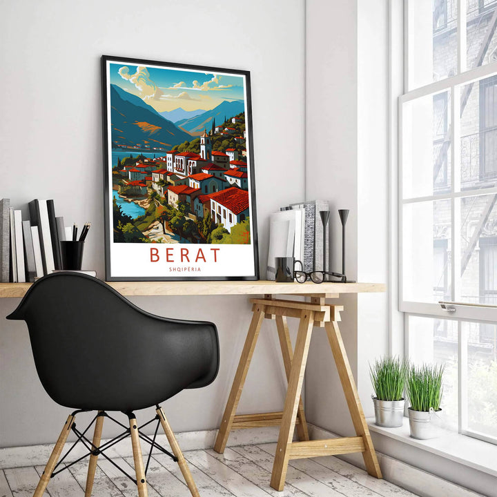 Fine art travel poster displaying the historic town of Berat with sunny skies, pine-covered slopes, and traditional white stone buildings below. Offered by MapYourDreams, this artwork is available in flexible options including unframed paper, custom wooden frames, and gallery canvas wraps.