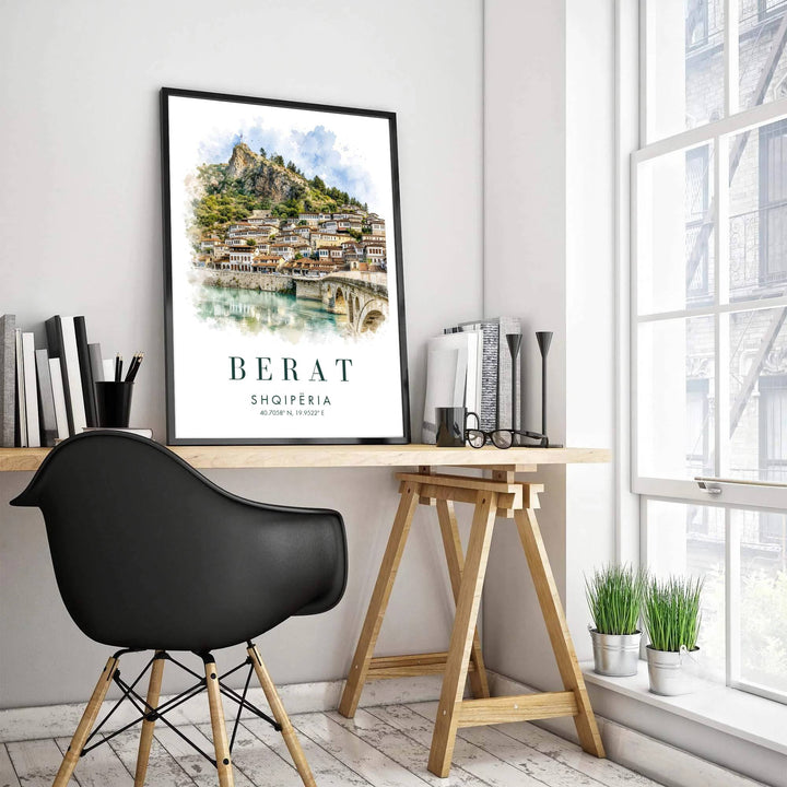 Fine art travel poster displaying the historic town of Berat with stone Gorica Bridge, pine-covered slopes, and hilltop castle ruins above. Offered by MapYourDreams, this artwork is available in flexible options including unframed paper, custom wooden frames, and gallery canvas wraps.