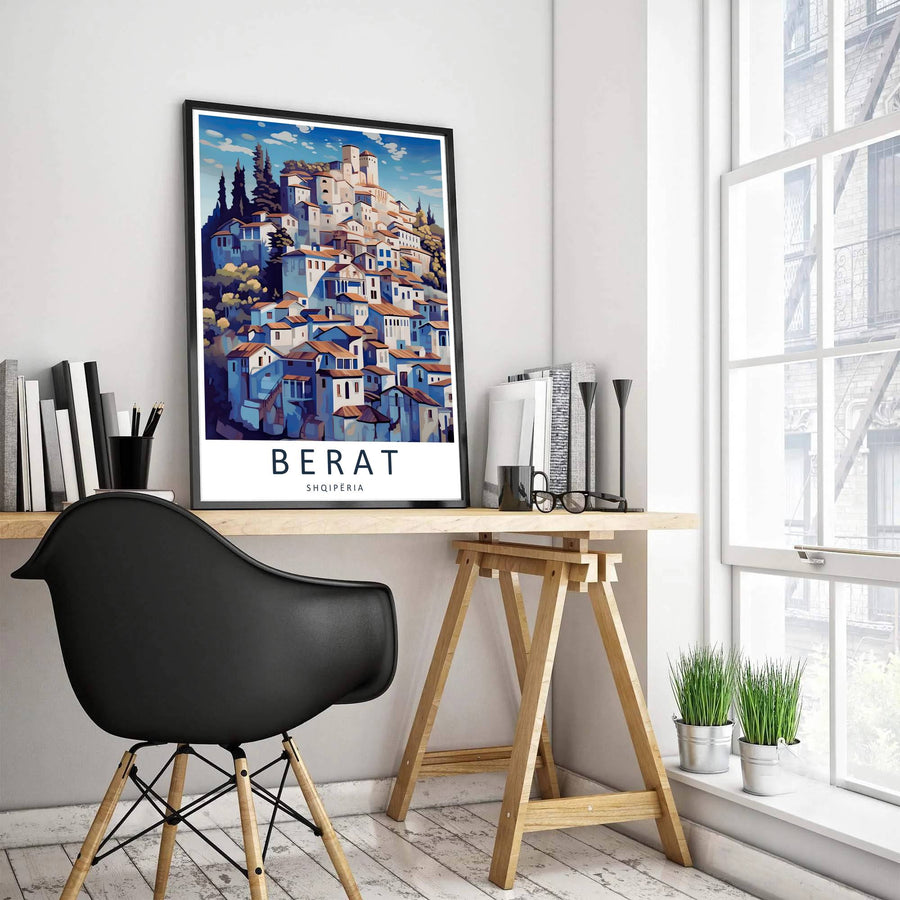 Detailed vector art print of Berat Mangalem Hillside Albania showing stacked rooftops and fortress towers, rendered on clean archival paper for travel lovers. Offered by MapYourDreams, this artwork is available in flexible options including unframed paper, custom wooden frames, and gallery canvas wraps.