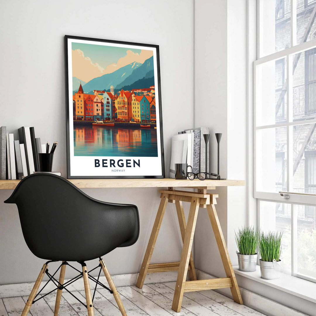 Brightly colored historic houses lining the harbor of Bryggen in Bergen Norway in flat graphic vector art style with crisp white borders. Crafted by MapYourDreams, this coastal landscape decor offers flexible presentation choices including oak or black framed displays, unframed archival paper prints, and gallery stretched canvas art.